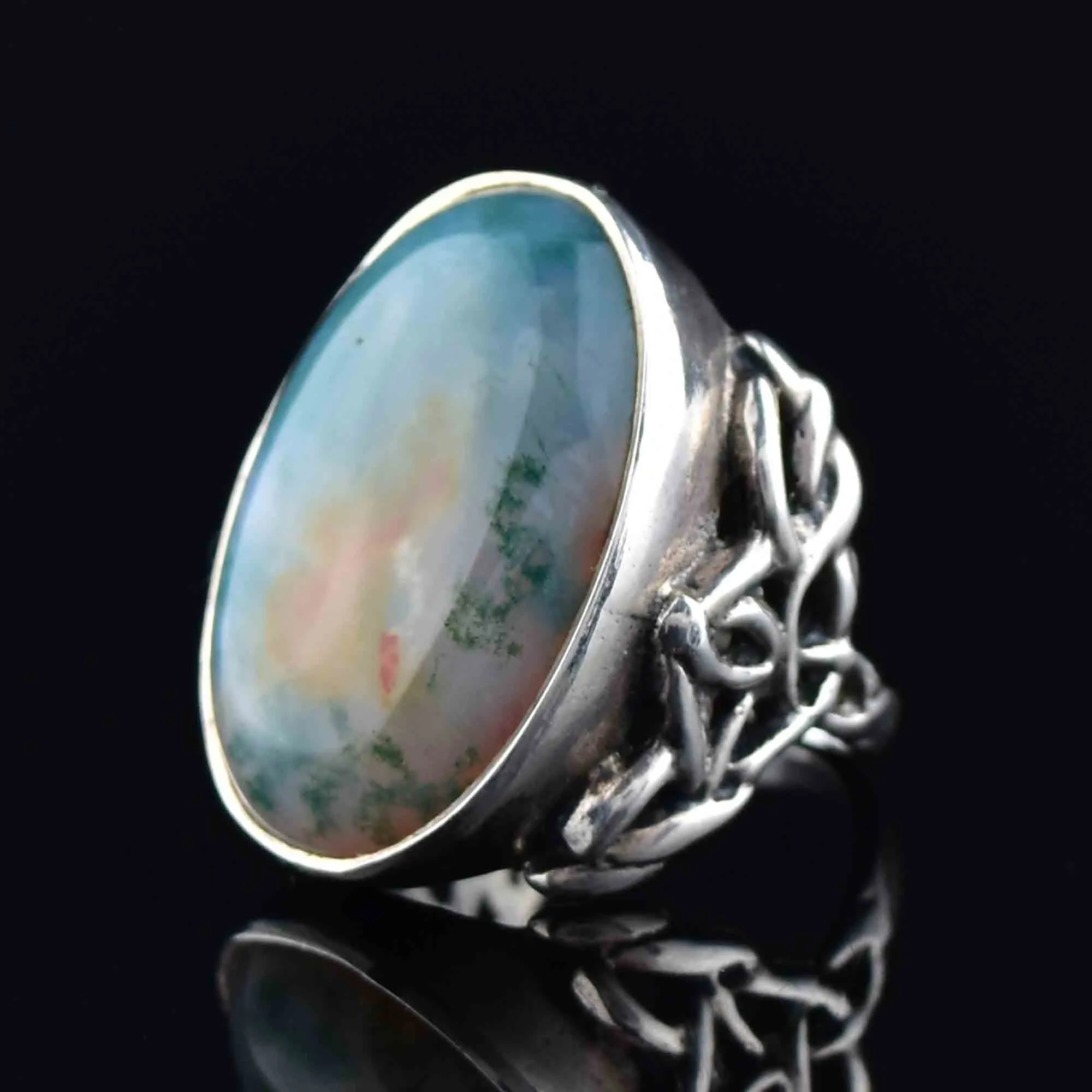 Vintage Celtic Silver Moss Agate Ring