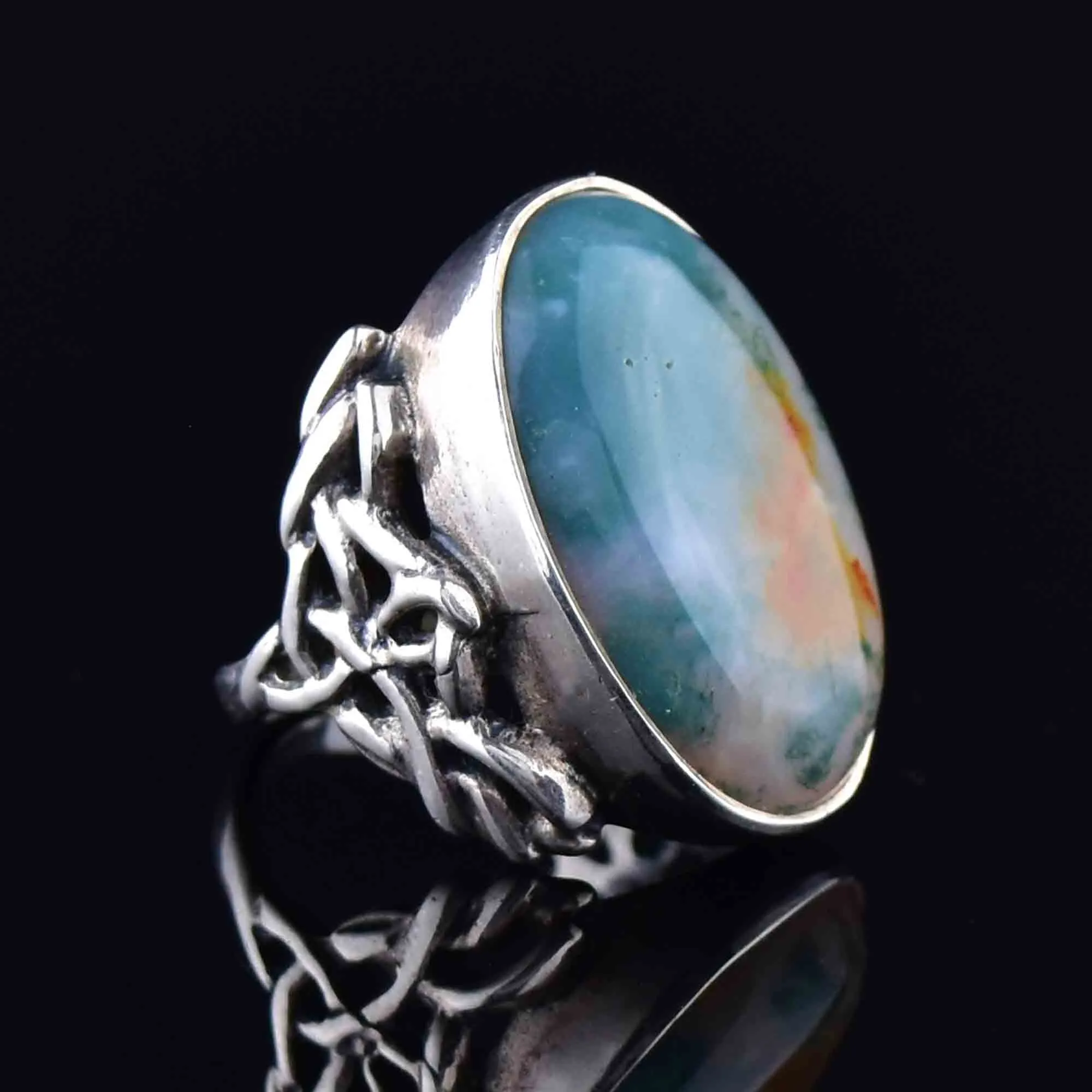 Vintage Celtic Silver Moss Agate Ring