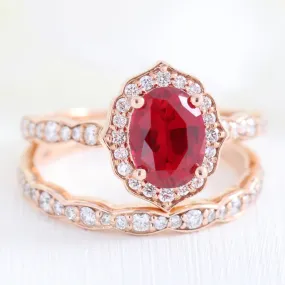 Vintage Floral Bridal Ring Set w/ Oval Ruby and Scalloped Diamond Band