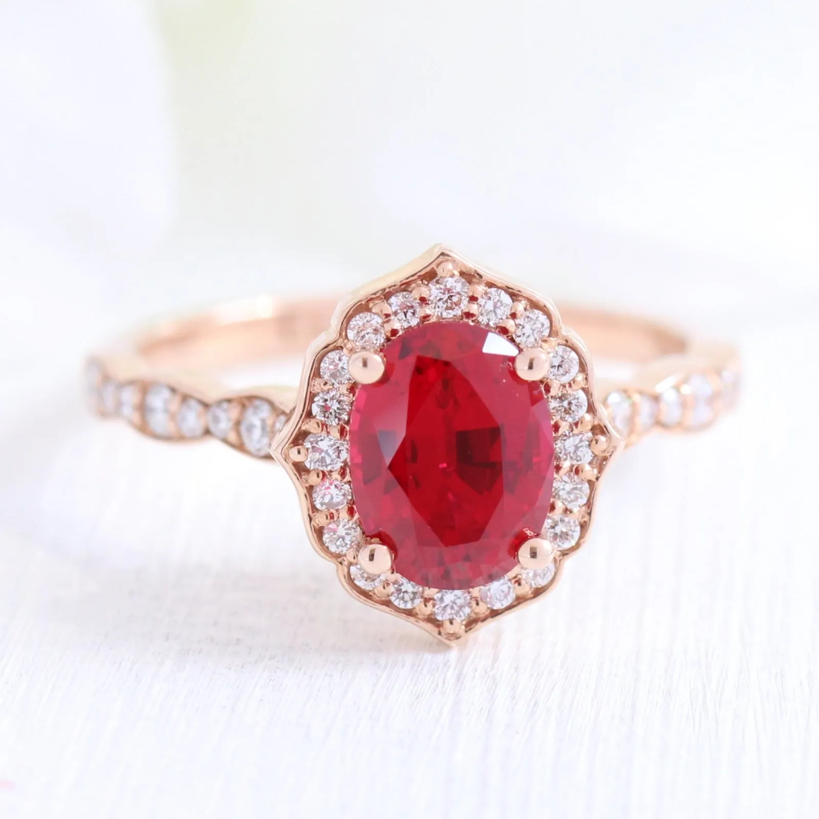 Vintage Floral Bridal Ring Set w/ Oval Ruby and Scalloped Diamond Band