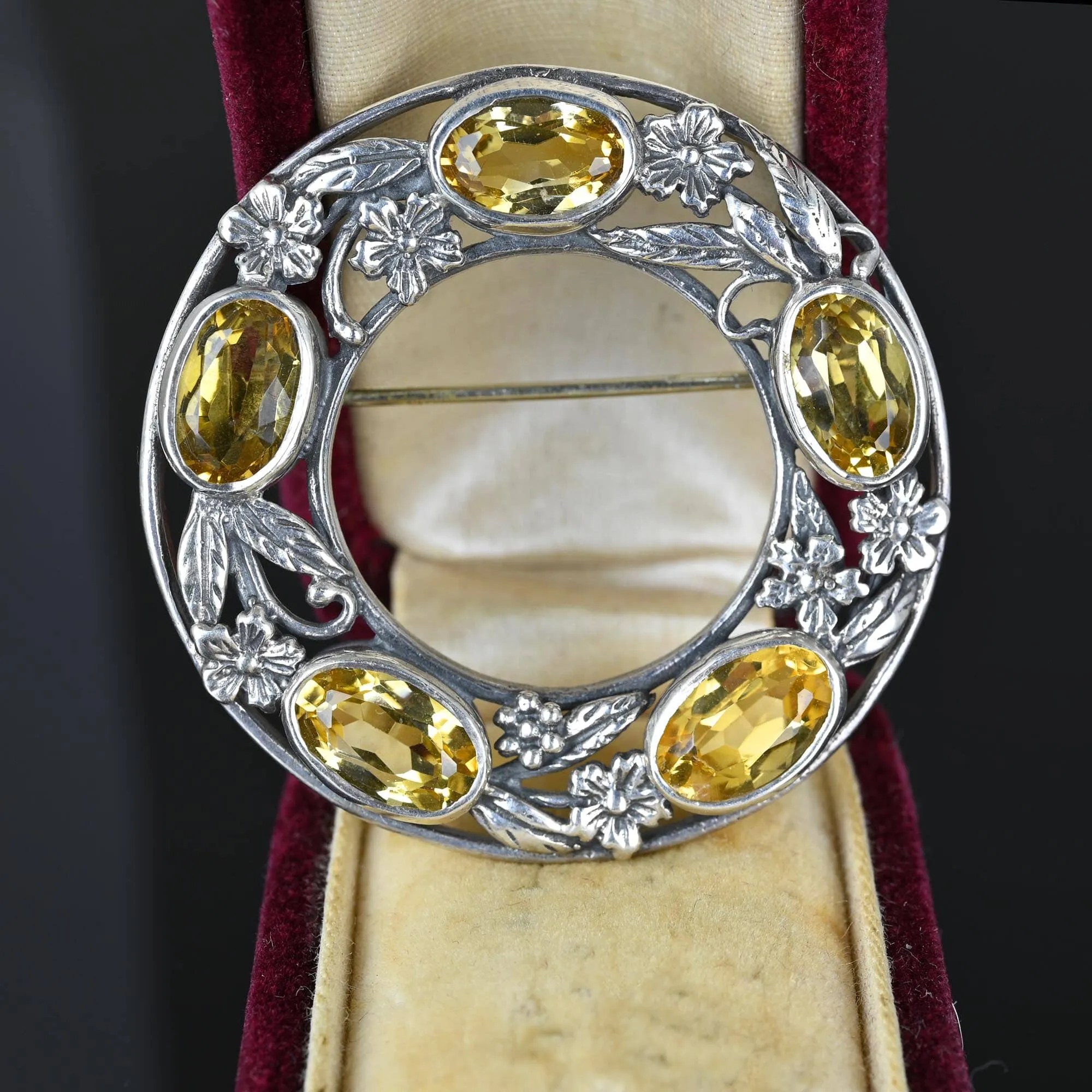 Vintage Floral Silver Citrine Bernard Instone Brooch