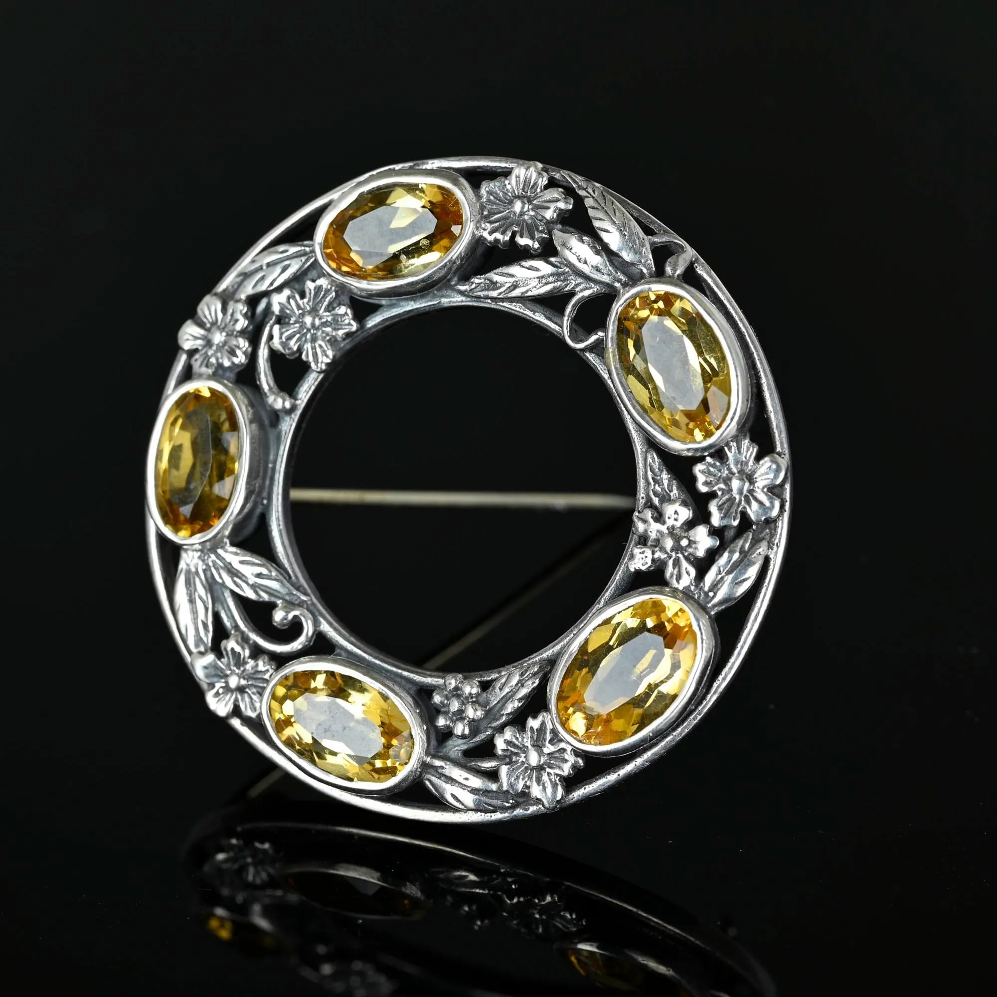 Vintage Floral Silver Citrine Bernard Instone Brooch