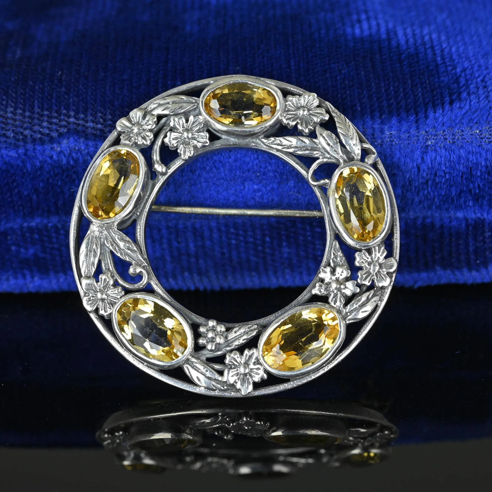 Vintage Floral Silver Citrine Bernard Instone Brooch