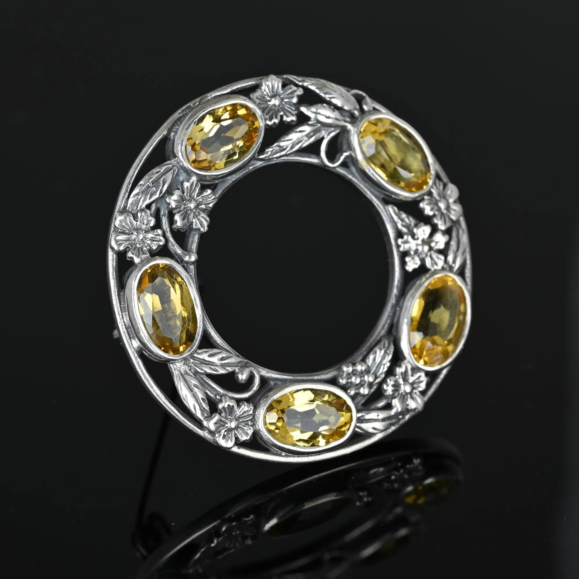 Vintage Floral Silver Citrine Bernard Instone Brooch