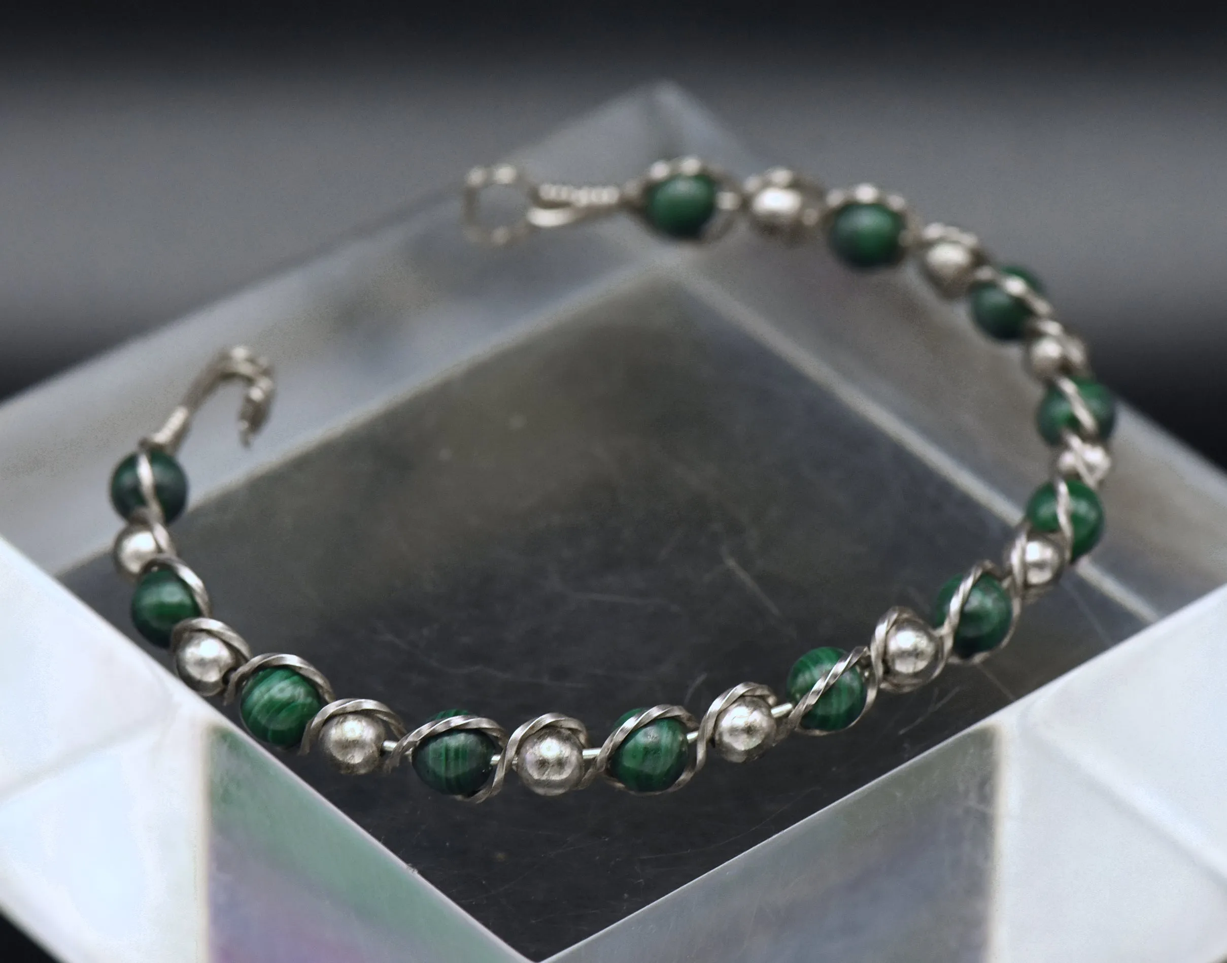 Vintage Handmade Malachite Bead Sterling Silver Wire Wrapped Bracelet