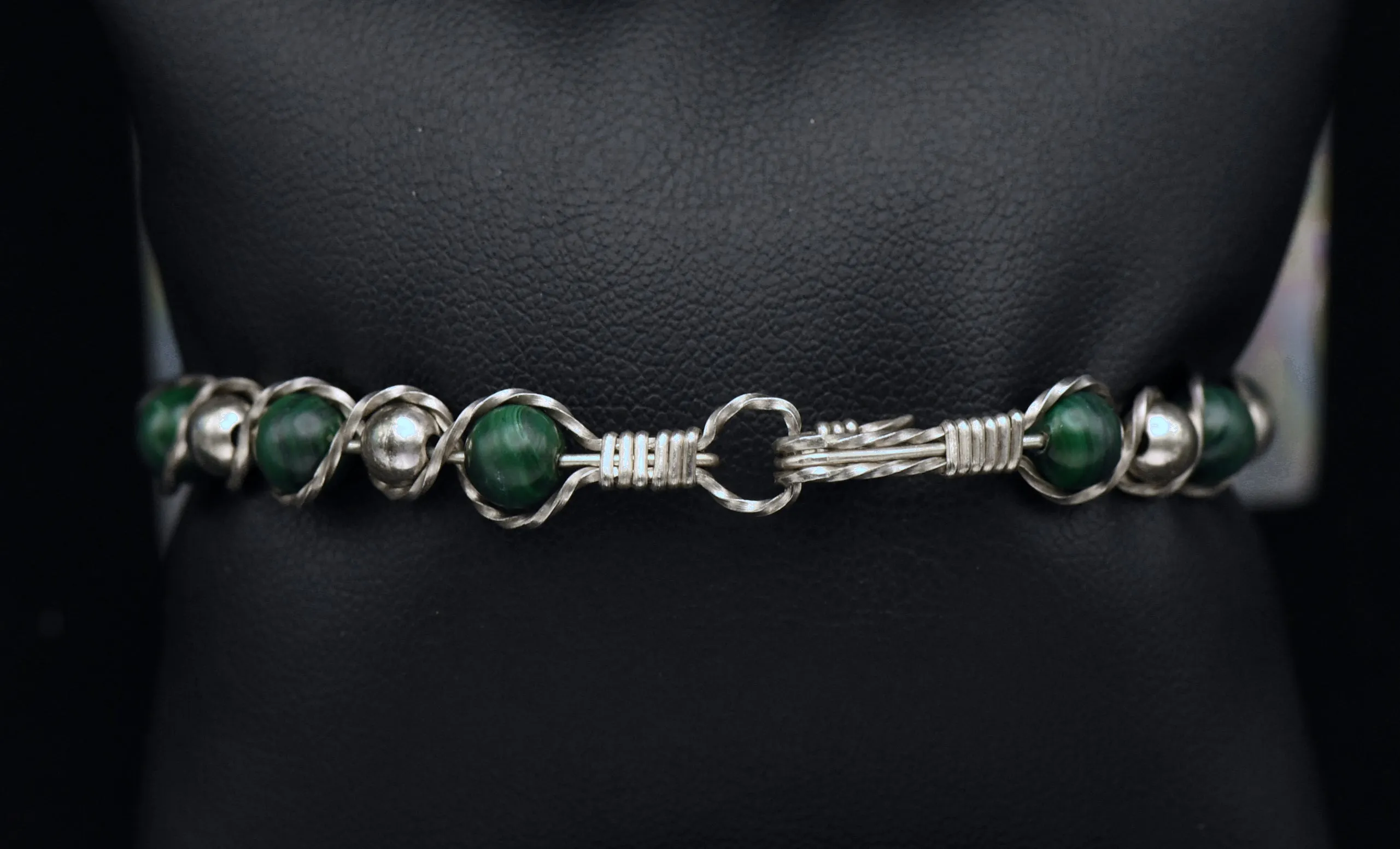 Vintage Handmade Malachite Bead Sterling Silver Wire Wrapped Bracelet