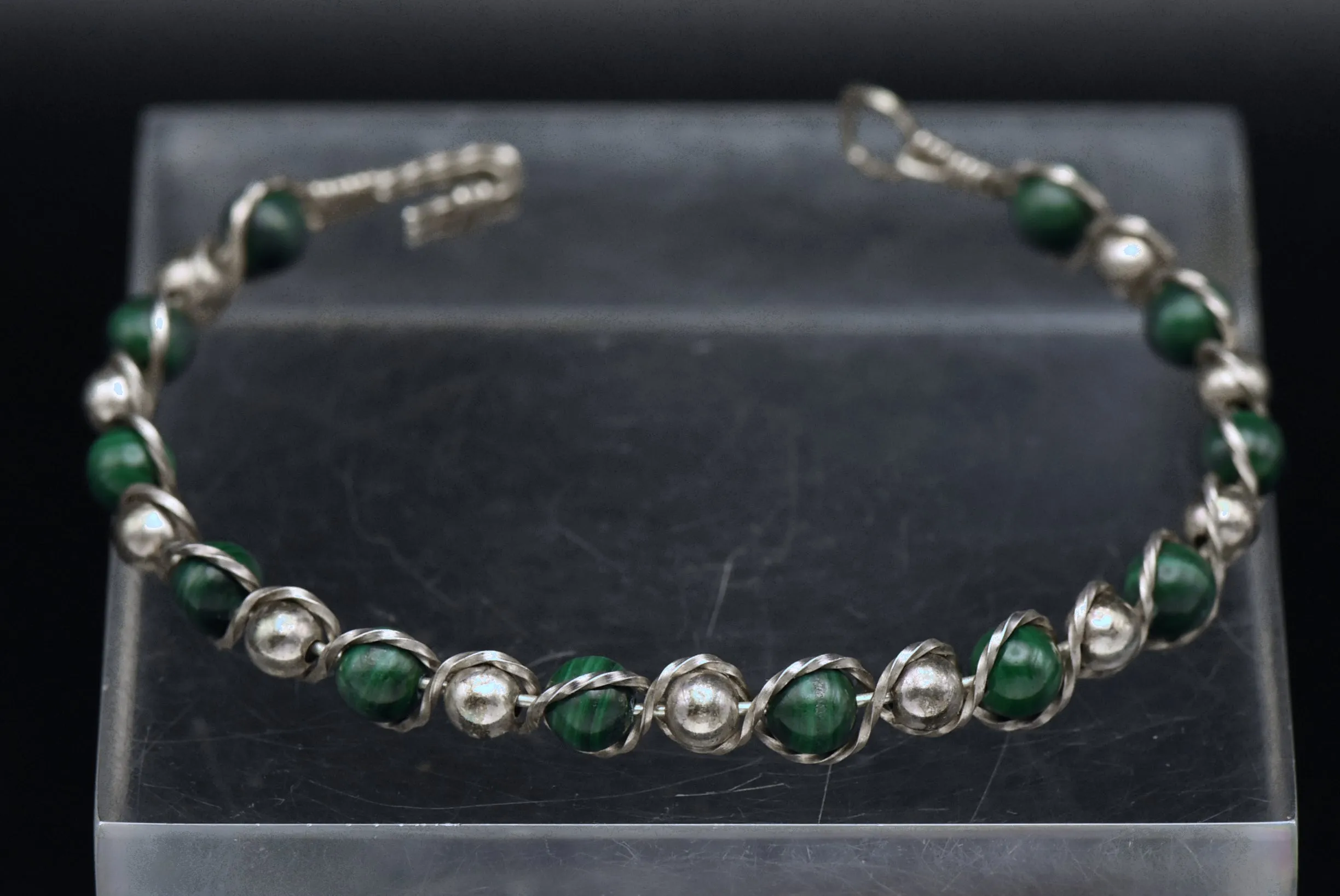 Vintage Handmade Malachite Bead Sterling Silver Wire Wrapped Bracelet