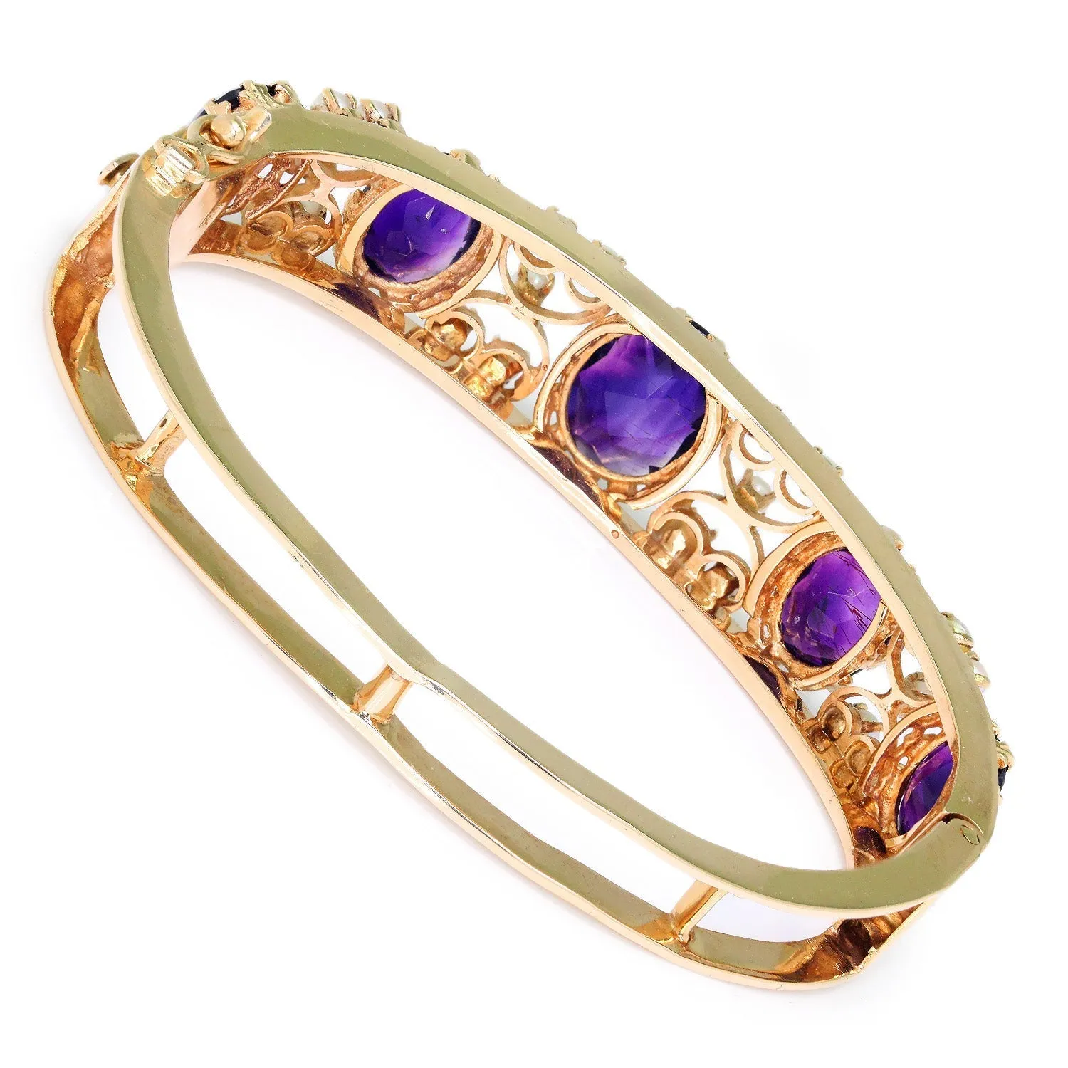 Vintage Oval Amethyst Bangle with Pearls 14K Yellow Gold