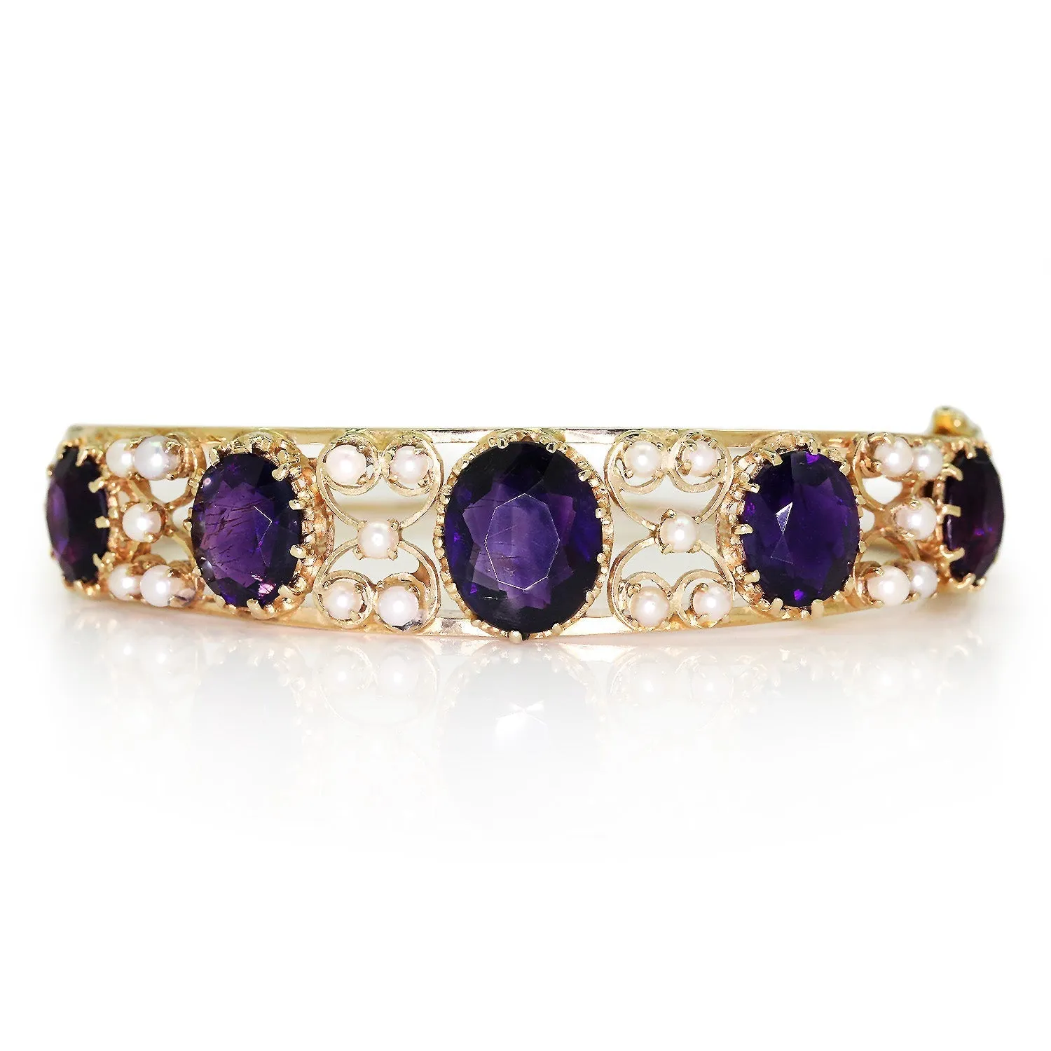 Vintage Oval Amethyst Bangle with Pearls 14K Yellow Gold