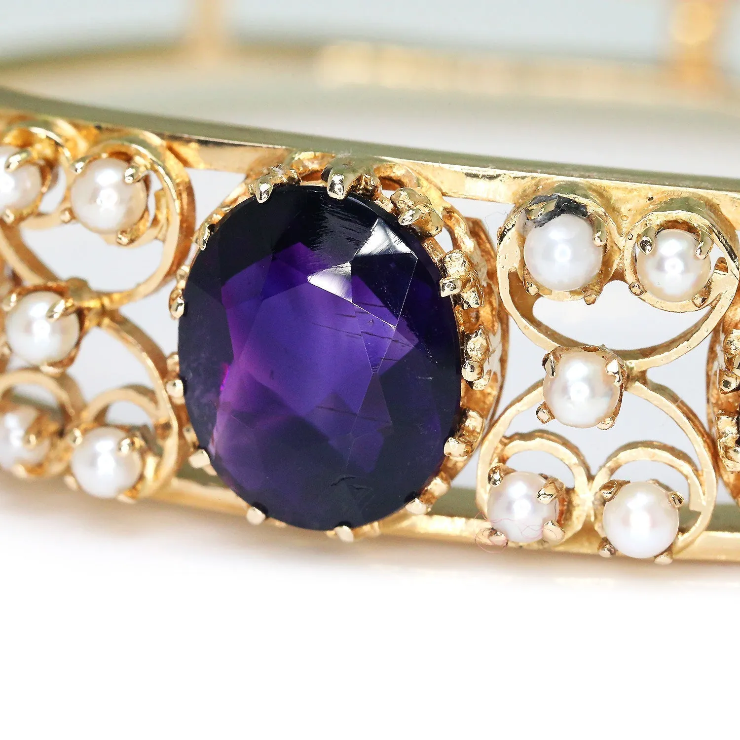 Vintage Oval Amethyst Bangle with Pearls 14K Yellow Gold