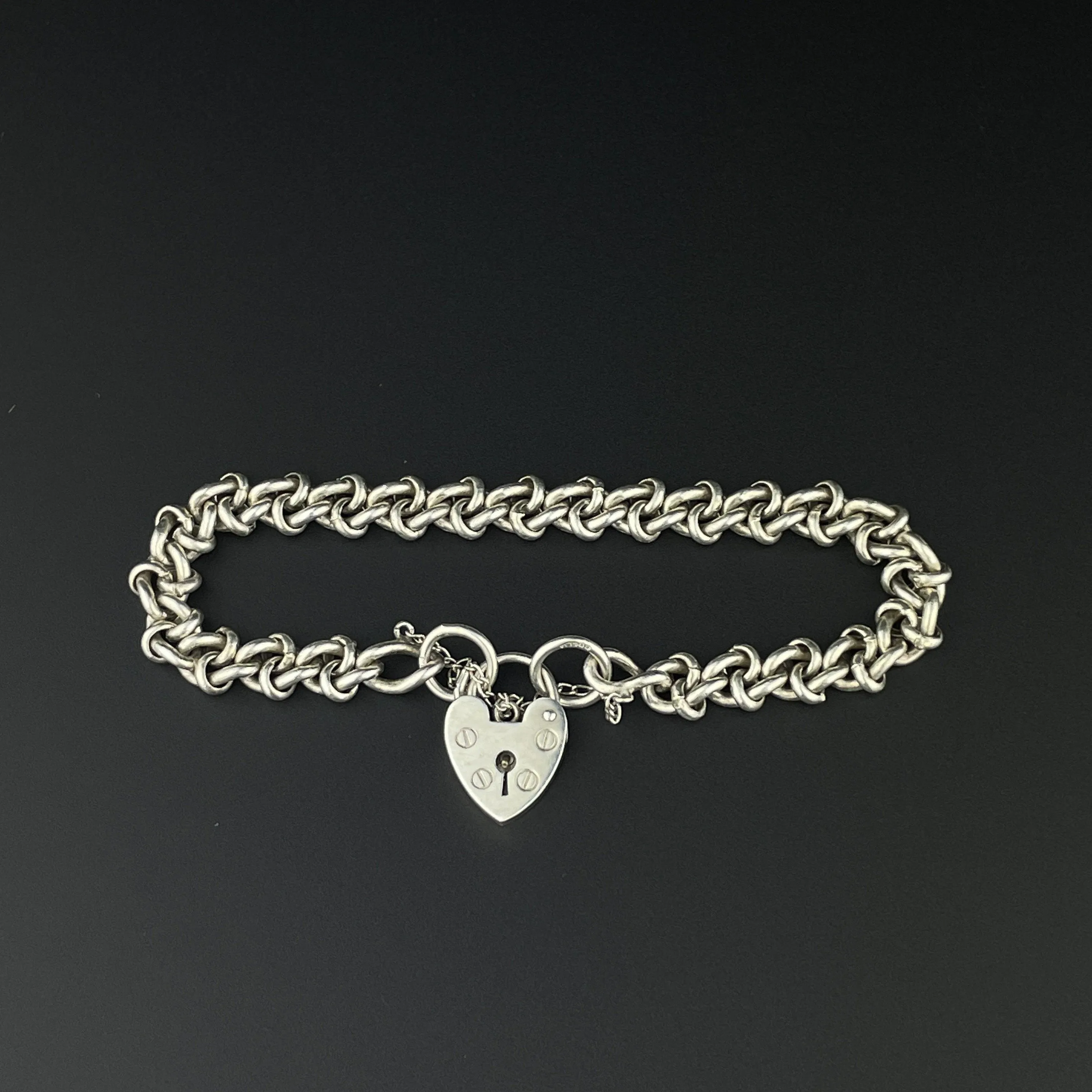 Vintage Silver Fancy Link Heart Padlock Charm Bracelet