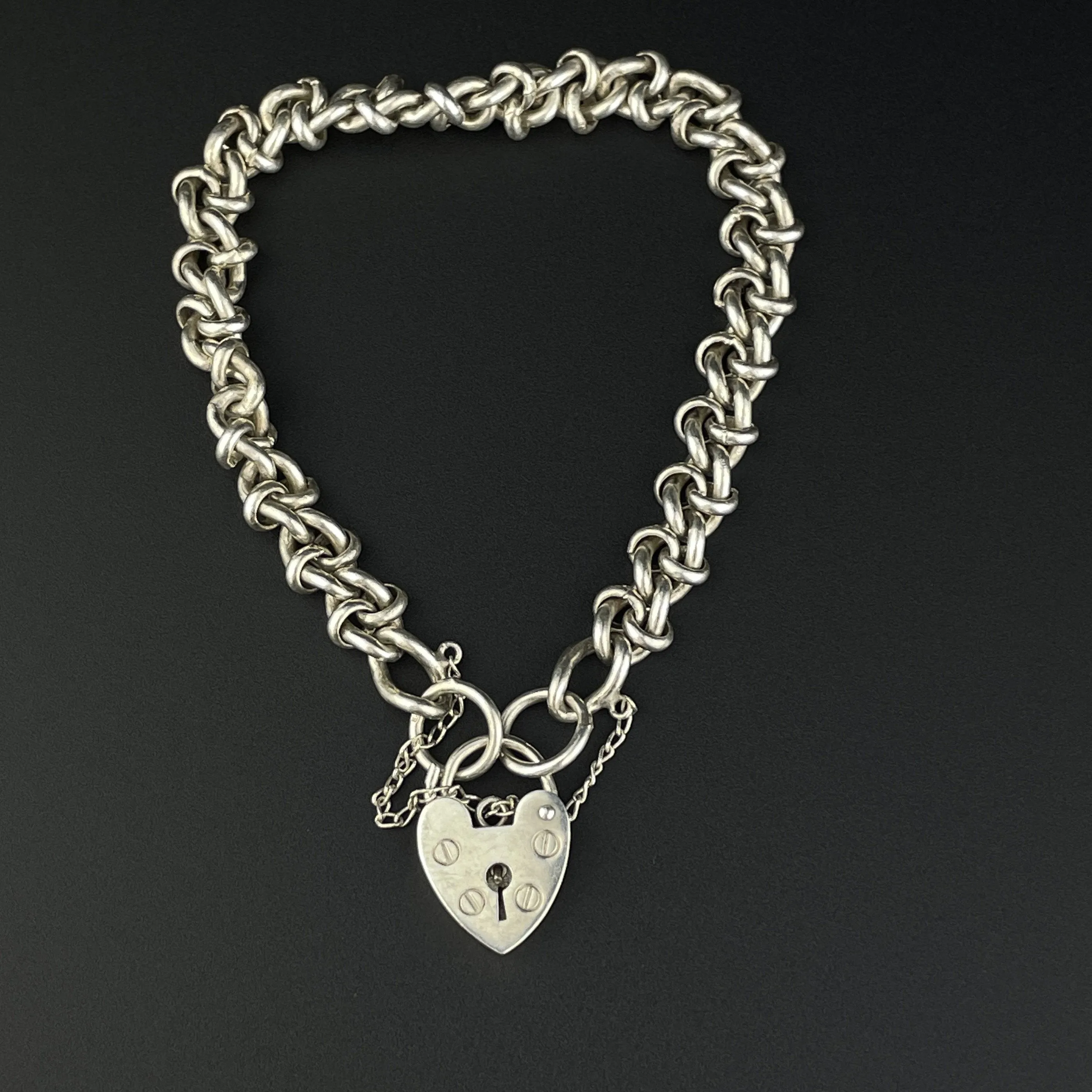 Vintage Silver Fancy Link Heart Padlock Charm Bracelet