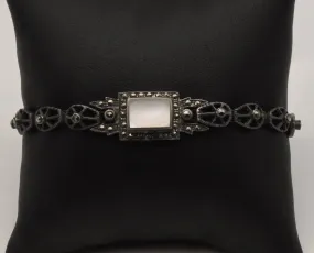 Vintage Sterling Silver Mother of Pearl and Marcasite Bracelet