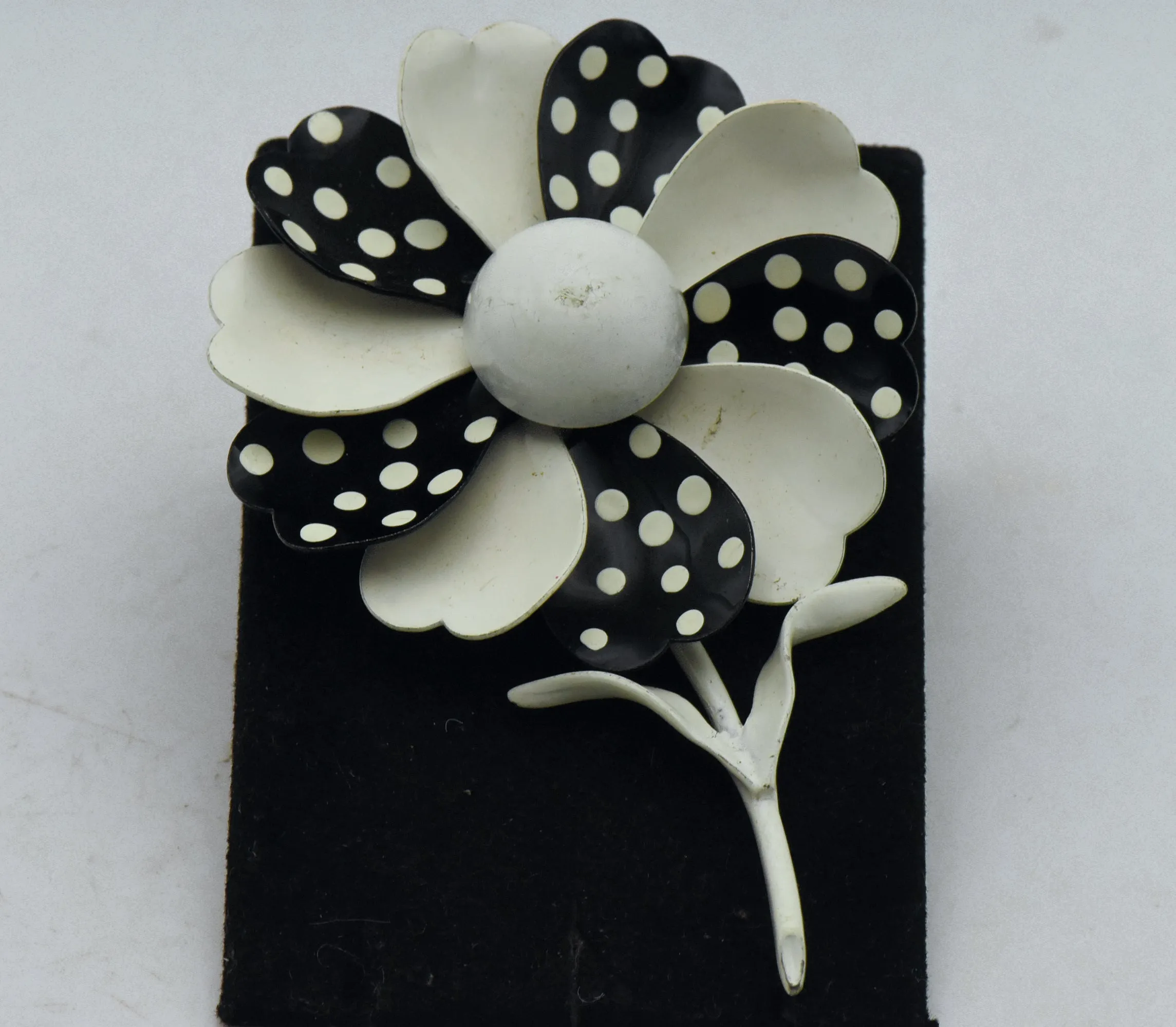 Vintage White and Black Polka Dot Painted Metal Flower Brooch