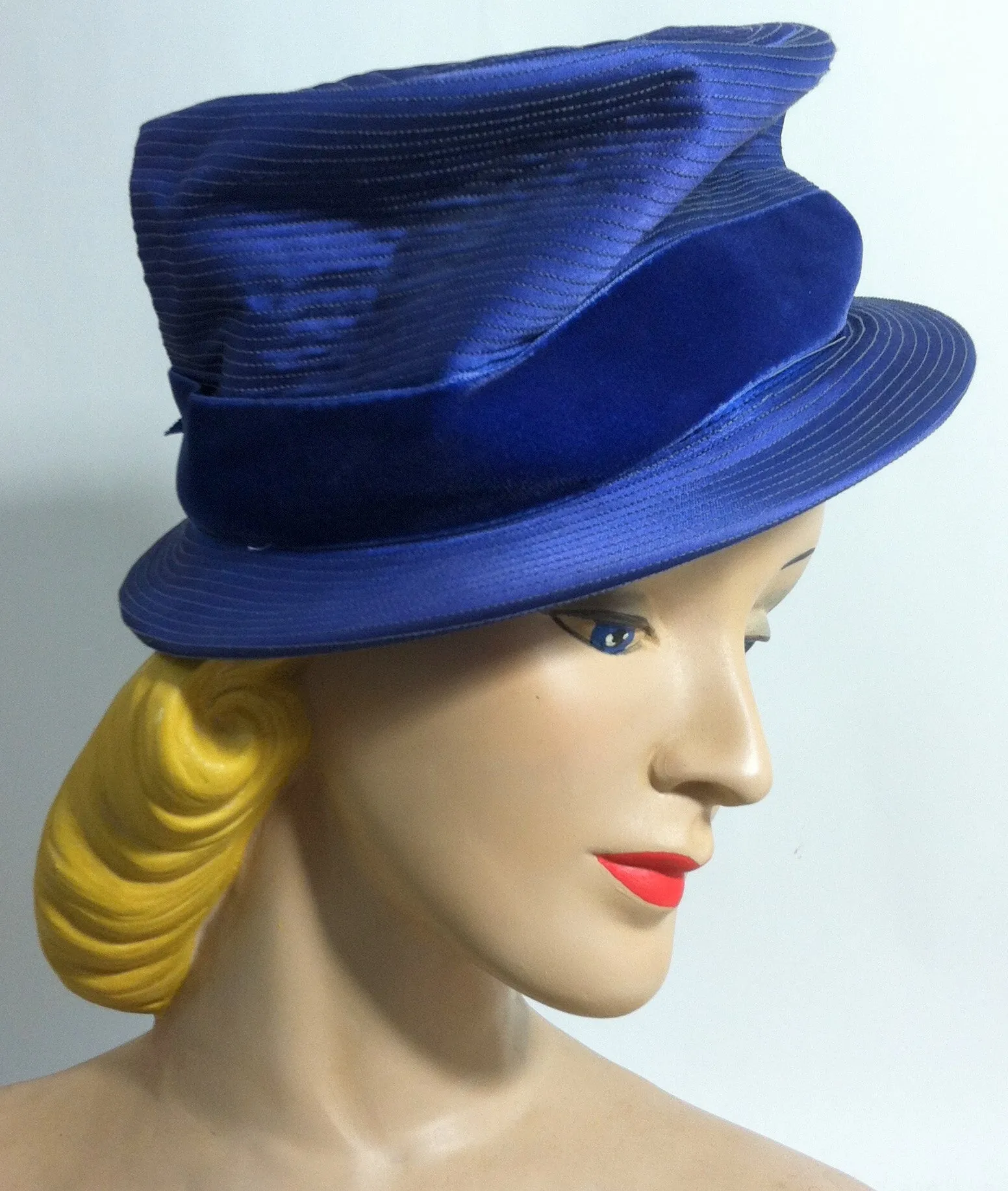 Vivid Blue Deco Seamed Satin Hat w/ Velvet Ribbon circa 1940s