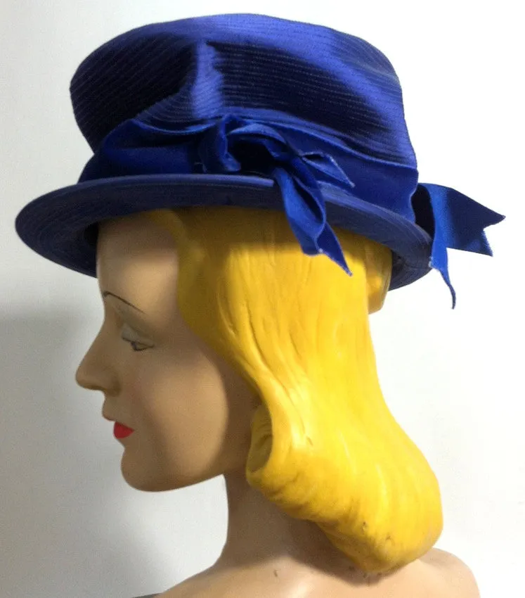 Vivid Blue Deco Seamed Satin Hat w/ Velvet Ribbon circa 1940s