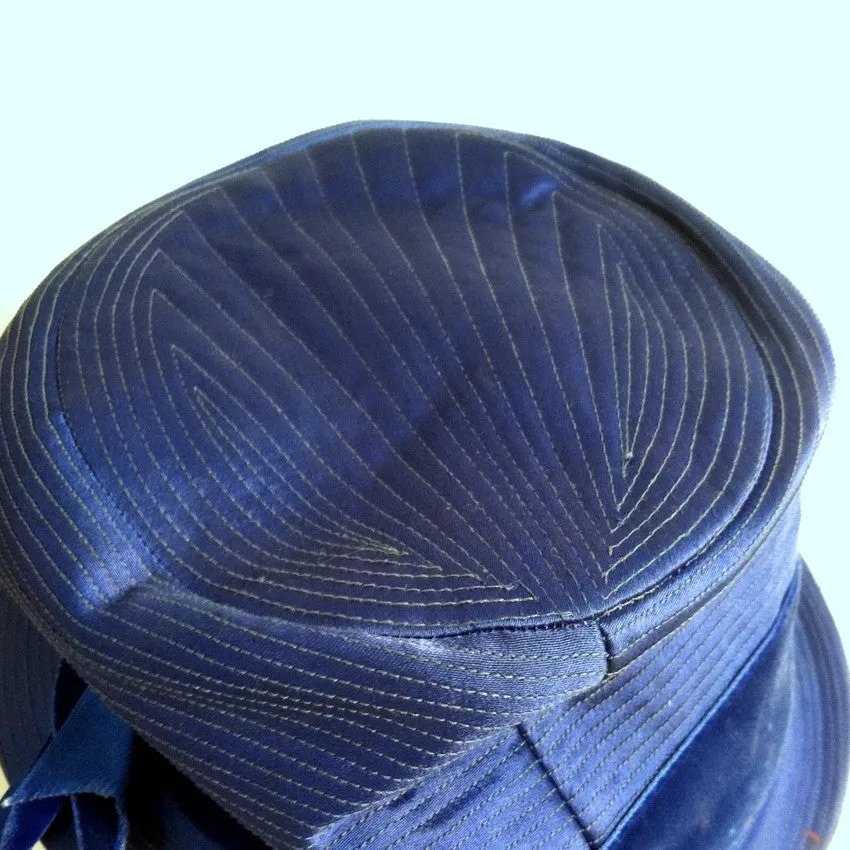 Vivid Blue Deco Seamed Satin Hat w/ Velvet Ribbon circa 1940s