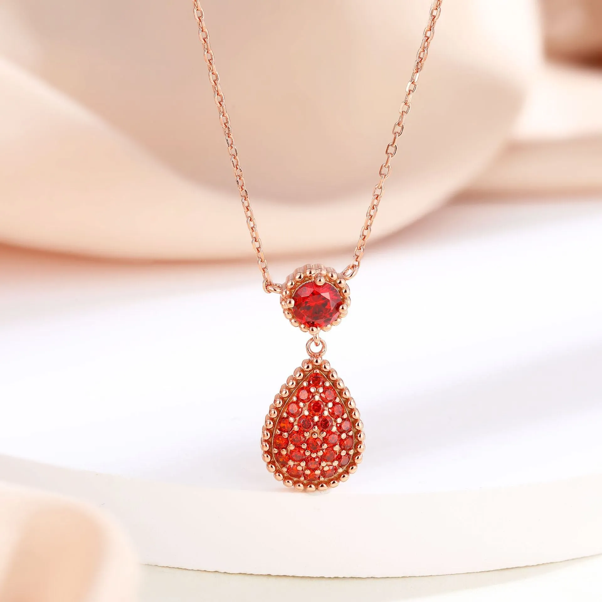 Water Droplet Pendant Round Red Garnet Sterling Silver Necklace