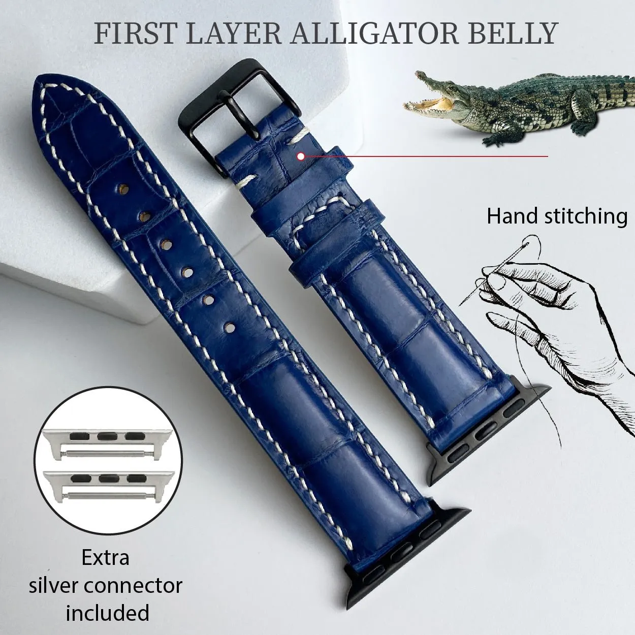 White Hand Stitching Navy Blue Alligator Leather Watch Band Compatible with Apple Watch  IWatch Series 7 6 5 4 3 2 1 | AW-156