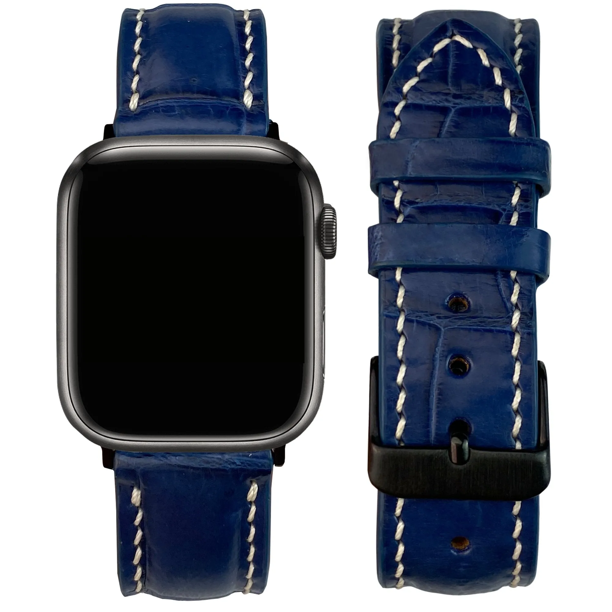 White Hand Stitching Navy Blue Alligator Leather Watch Band Compatible with Apple Watch  IWatch Series 7 6 5 4 3 2 1 | AW-156