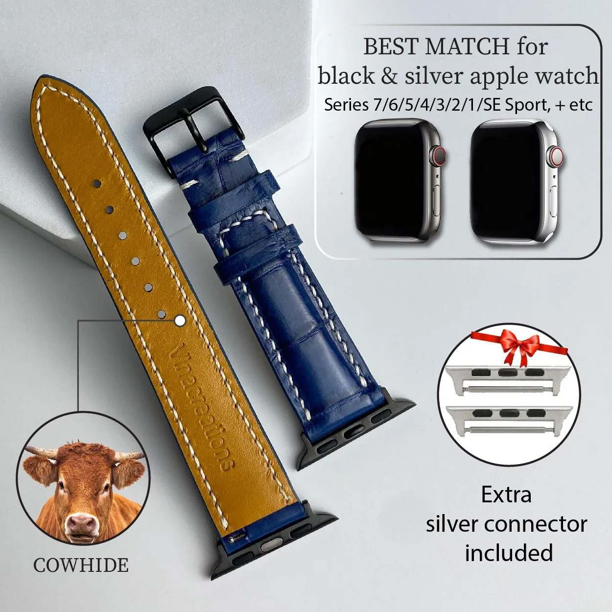 White Hand Stitching Navy Blue Alligator Leather Watch Band Compatible with Apple Watch  IWatch Series 7 6 5 4 3 2 1 | AW-156