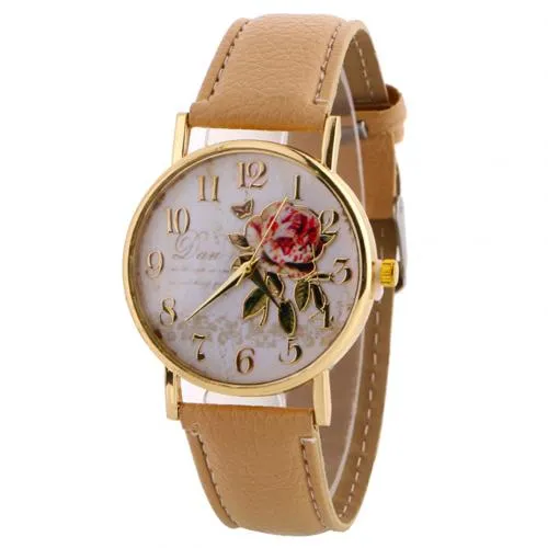 Women Watches Quartz Watch Women Arabic Number Rose Flower Round Dial Faux Leather Band Watch reloj mujer relogio feminino часы