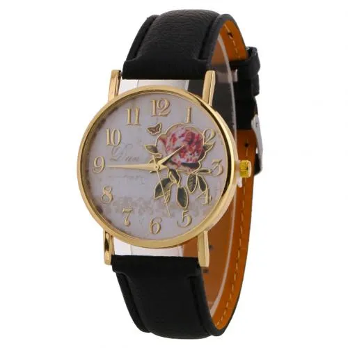 Women Watches Quartz Watch Women Arabic Number Rose Flower Round Dial Faux Leather Band Watch reloj mujer relogio feminino часы