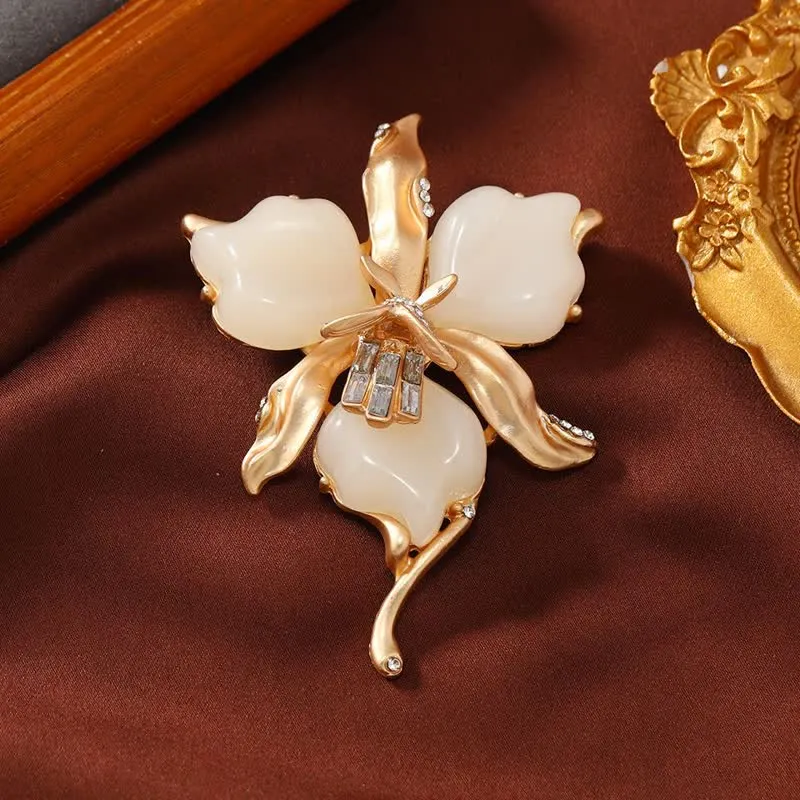 Women's Metallic Brass Orchid Resin Petal Flower Brooch