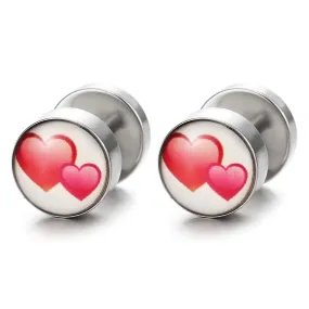 Womens White Pink Double Hearts Circle Stud Earrings, Steel Cheater Fake Ear Gauges Illusion Tunnel