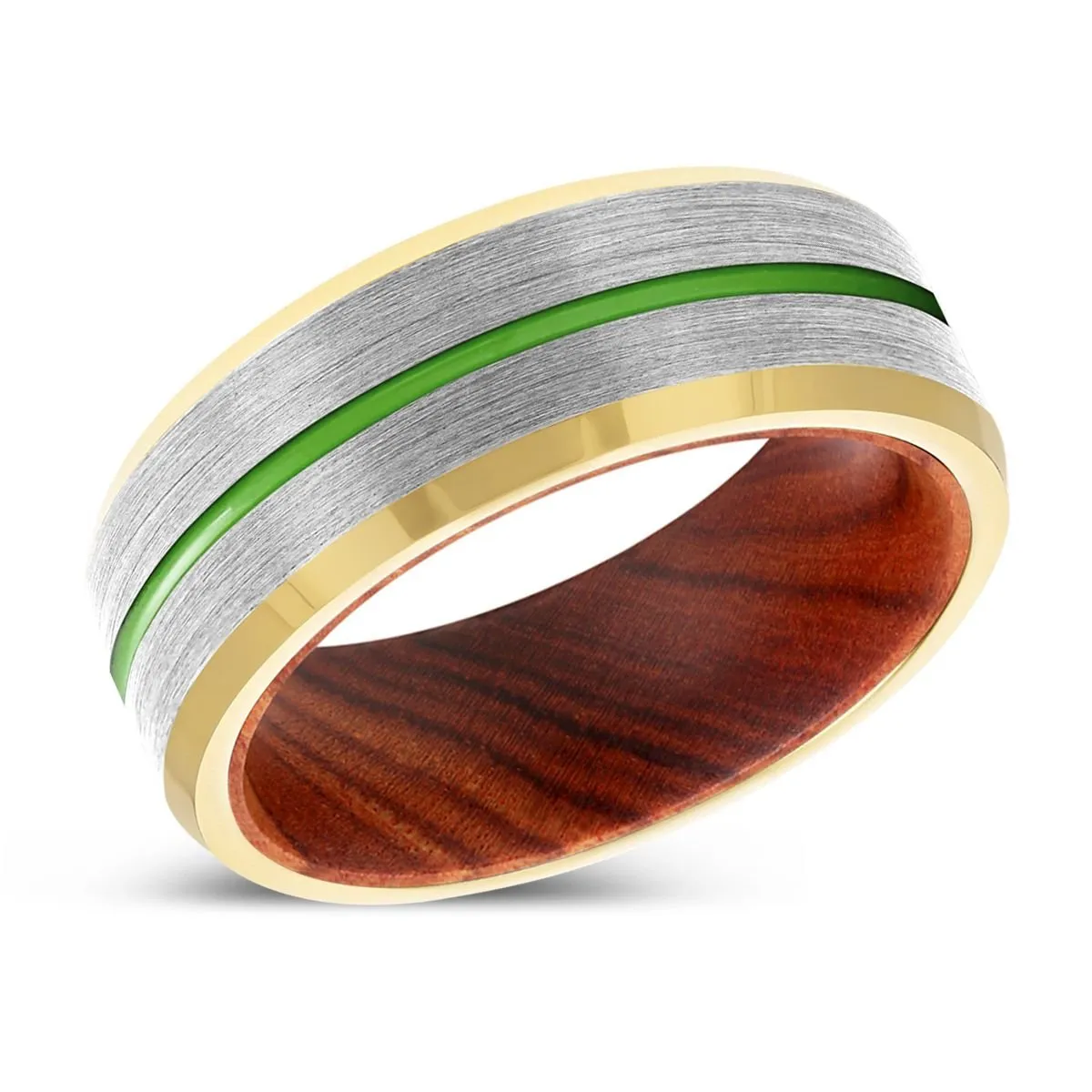 XUTRON | Iron Wood, Silver Tungsten Ring, Green Groove, Gold Beveled Edge