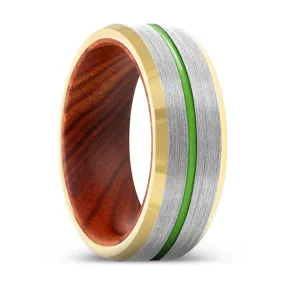 XUTRON | Iron Wood, Silver Tungsten Ring, Green Groove, Gold Beveled Edge