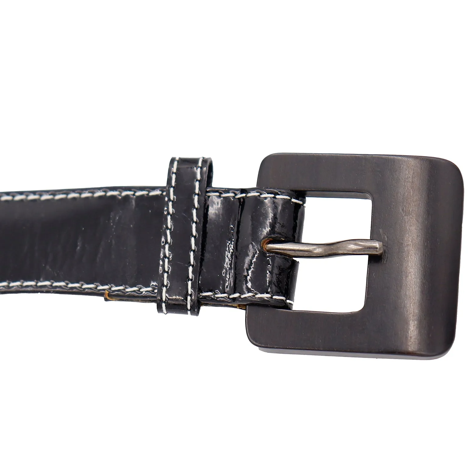 Yves Saint Laurent Vintage Black Patent Leather Belt w White Stitching